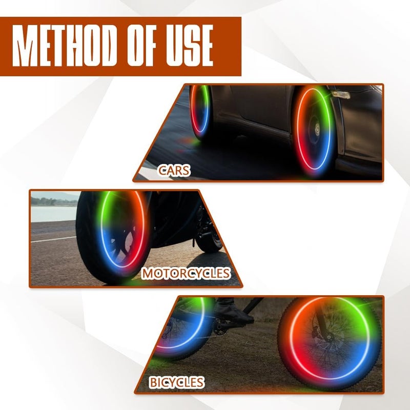 Lecctso 4PCS LED Tire Valve Cap Lights, Neon Spoke Flash Light Bulb Tire Valve Lights, Waterproof Wheel Tyre Valve Dust Cap, Cool Car Accessories Universal for Bike Motorcycle Truck (Colorful) - Image 5
